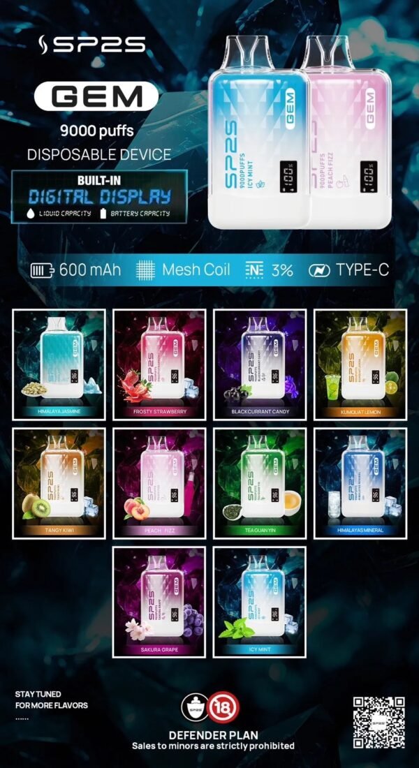 sp2s9000-2_945x 🌈SP2S GEM 拋棄式9000口可充電一次性電子煙 液晶屏電亮顯示🔥 現貨當日出
